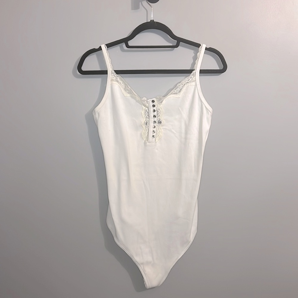 Abercrombie and Fitch, white ribbed lace detail, thong, bodysuit top XL